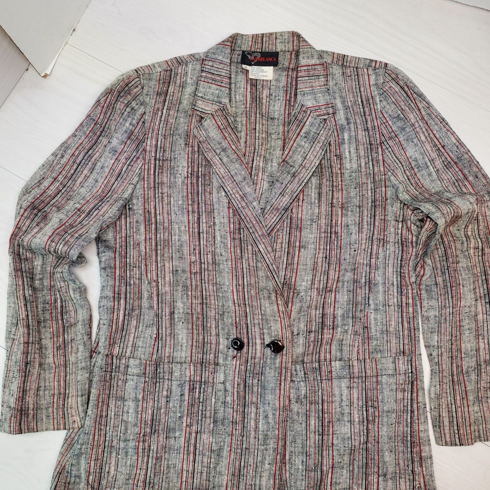 Vintage Casablanca Linen Blend Striped Blazer Grey Red Black Size 10 Womens 90s
